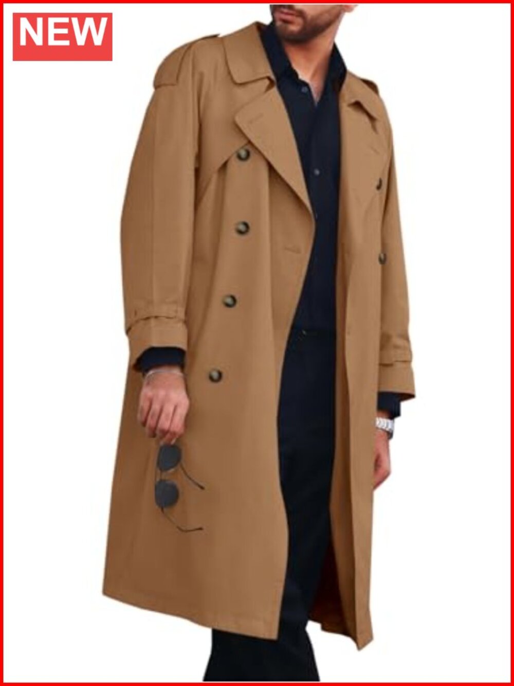 Men's Double Breasted Trench Coat Long Belted Overcoat Notched Lapel Windbreaker